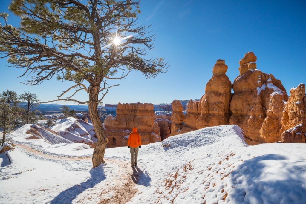 Hike in the Bryce Canyon National park in the winter season, Utah, USA