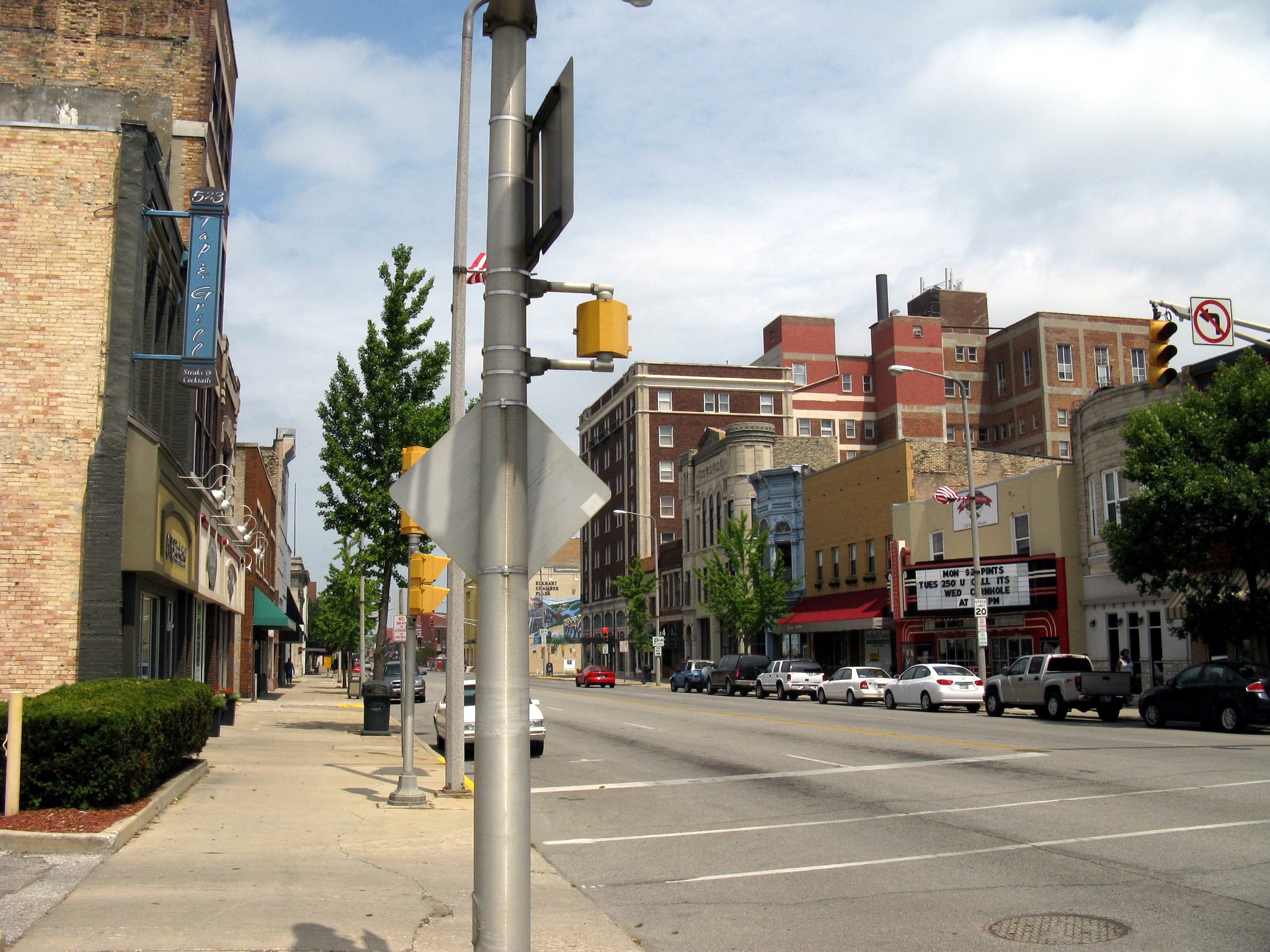 Main Street looking north in Elkhart near Granger, Indiana. This area is part of the Elkhart Downtown Commercial Historic District.