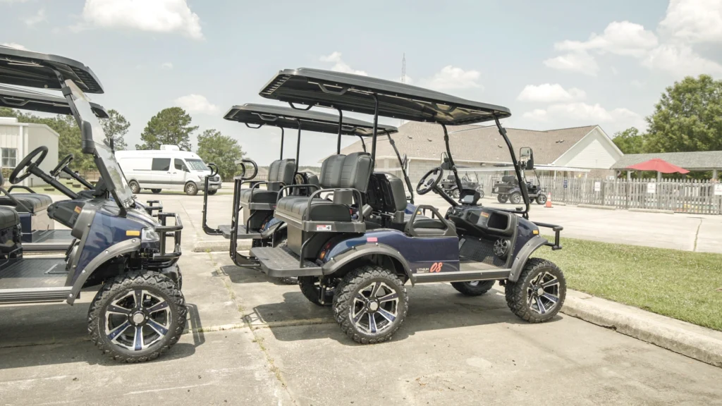 New Golf Carts parked in rows at Lakeside RV Resort by RJourney.