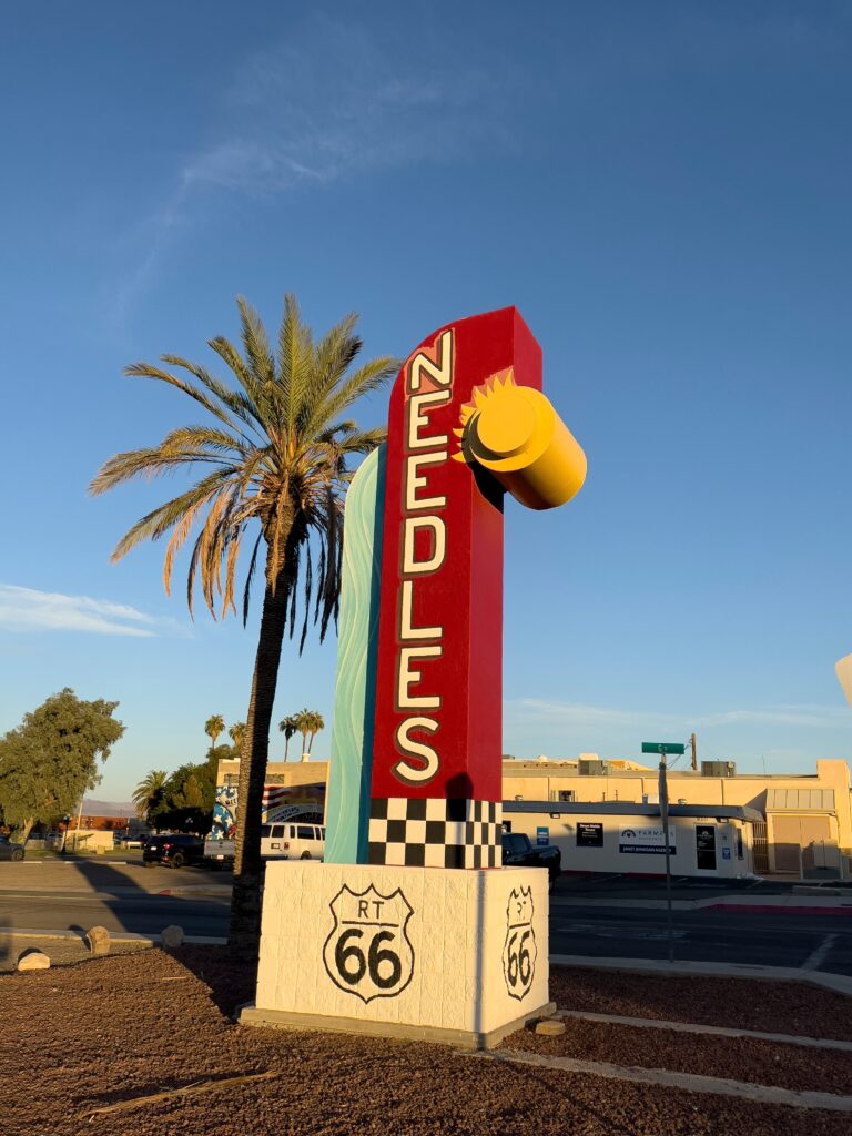The sign for Needles, a famous stop on the iconic Route 66.
