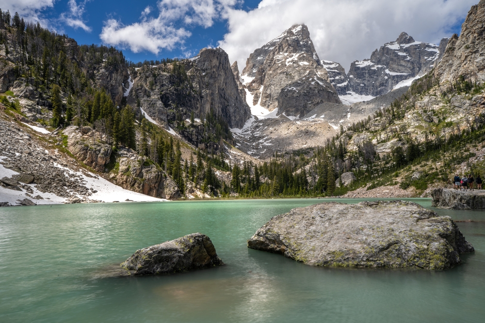 A stunning view of Delta Lake in Grand Teton on a sunny day in Grand Teton National Park, Wyoming, USA