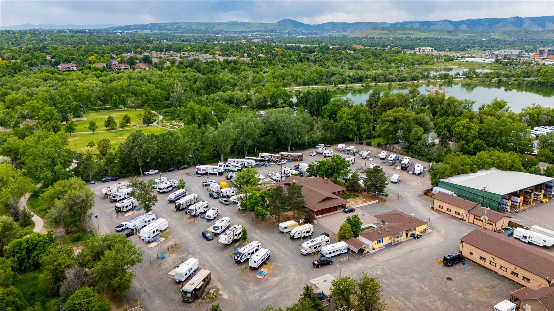 Full hookup RV sites and gravel pads at Applewood RV Park in Wheat Ridge, Colorado