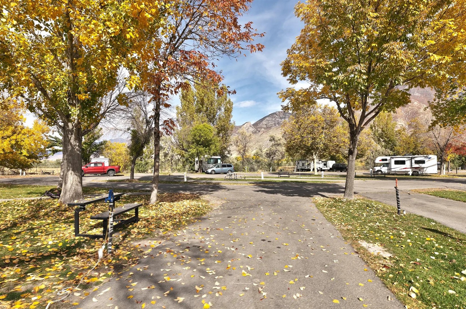 Tree-lined paved road through Roam Springville RV Resort near Utah Lake in Springville, Utah